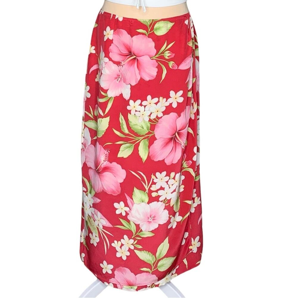 Vintage Talbots Silk Faux Wrap Skirt 12 Petite 12P Red Pink Hawaiian Tropical